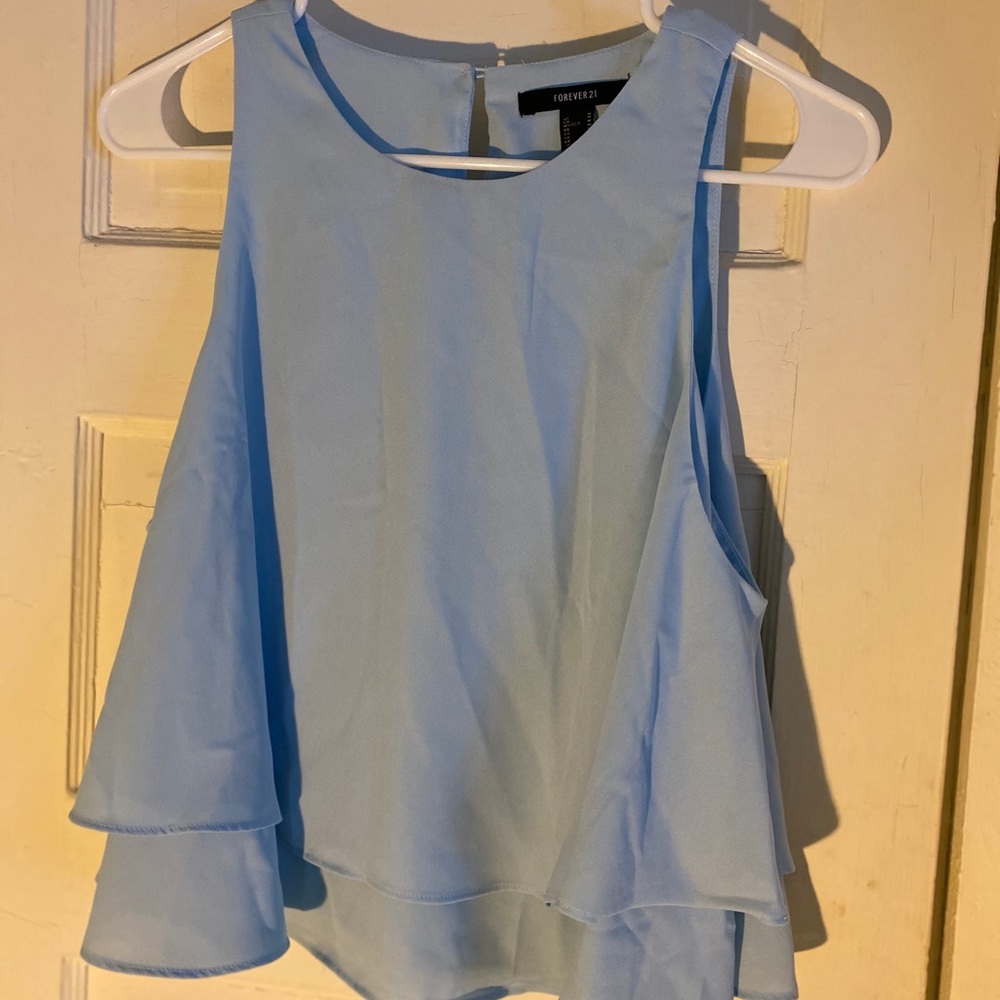 Forever 21 Chiffon Layered Flounce Top Light Blue